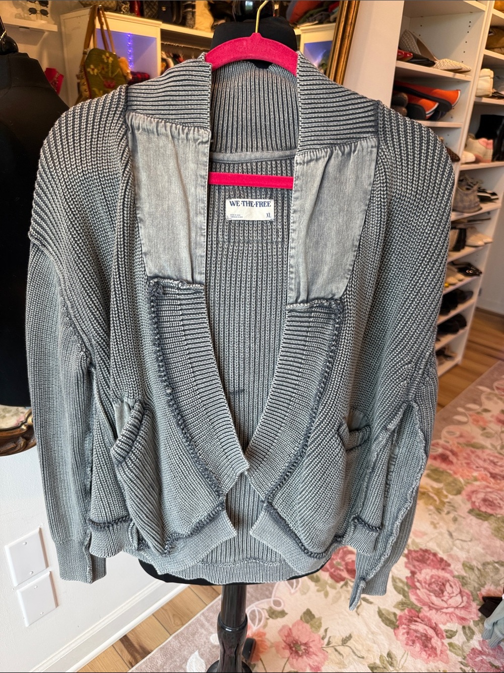 We The Free Gray Ribbed Open-Front Shawl Collar Cardigan